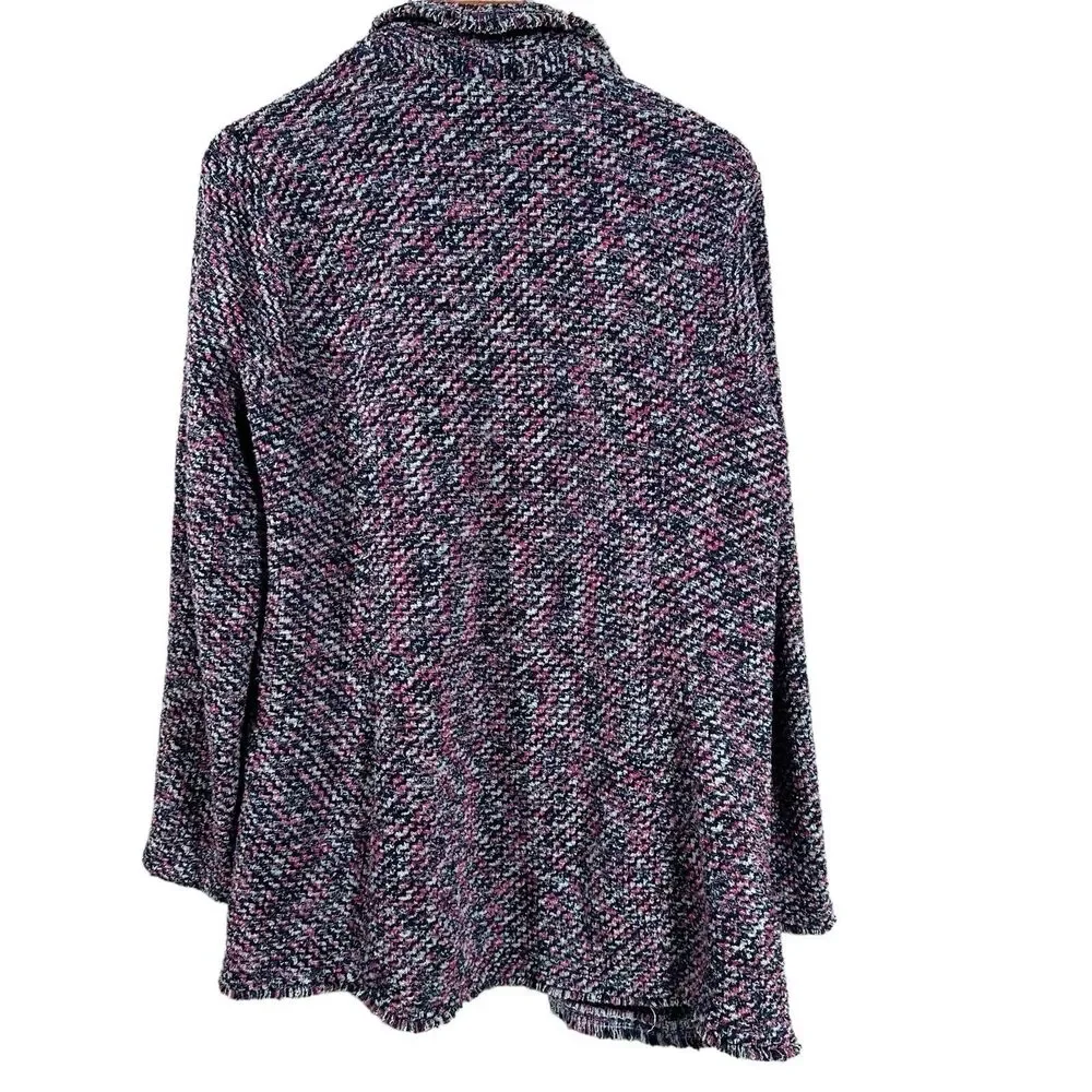 Chico’s Women’s Tweed Multicolor Structured Notch Collar Fringe Cardigan Size 2